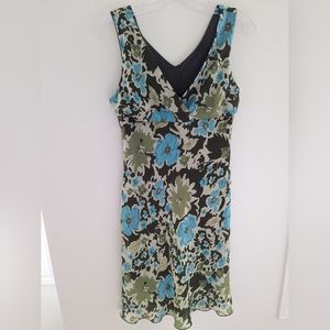Vintage Green and Blue Sleeveless Floral V Neck Lined Midi Dress Size S
